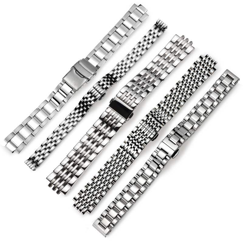 Five traditional steel bracelet styles on a white background