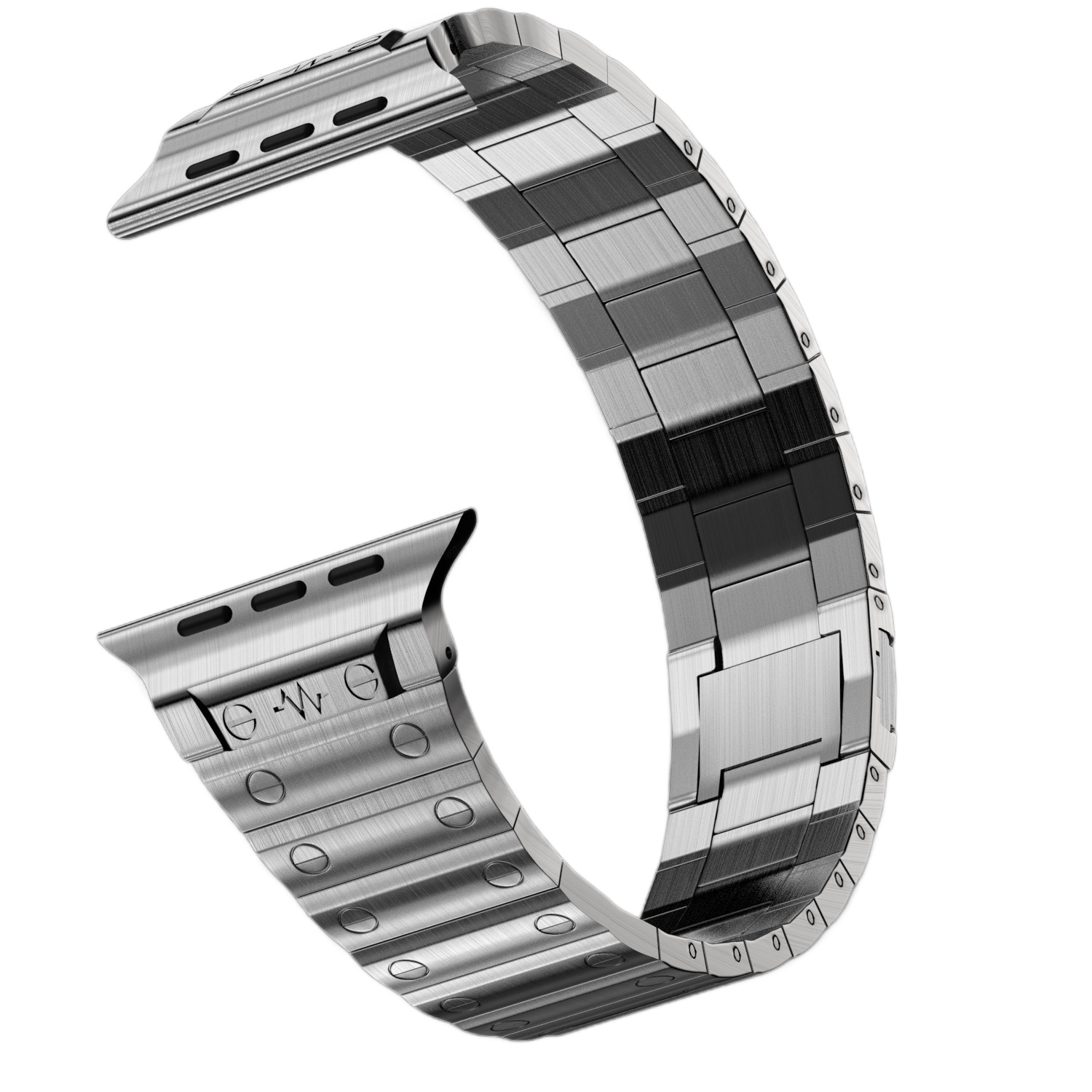 Silver flat-link smartwatch band on a white background