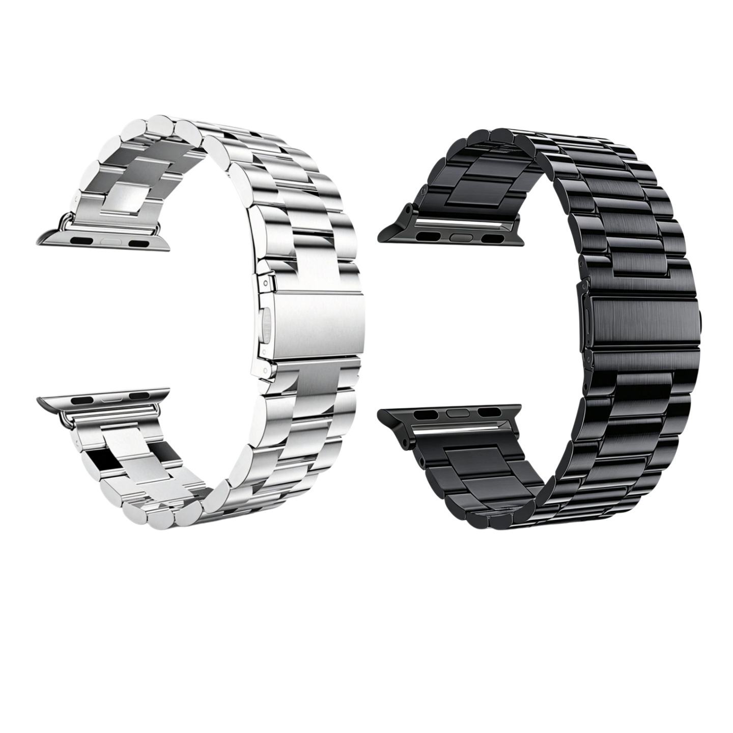 Silver and black steel smartwatch bands on a white background