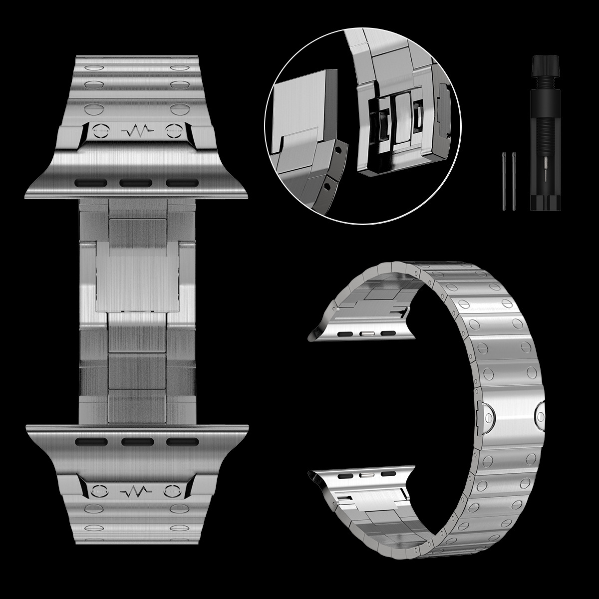 Steel band connector, link removal tool and clasp detail views