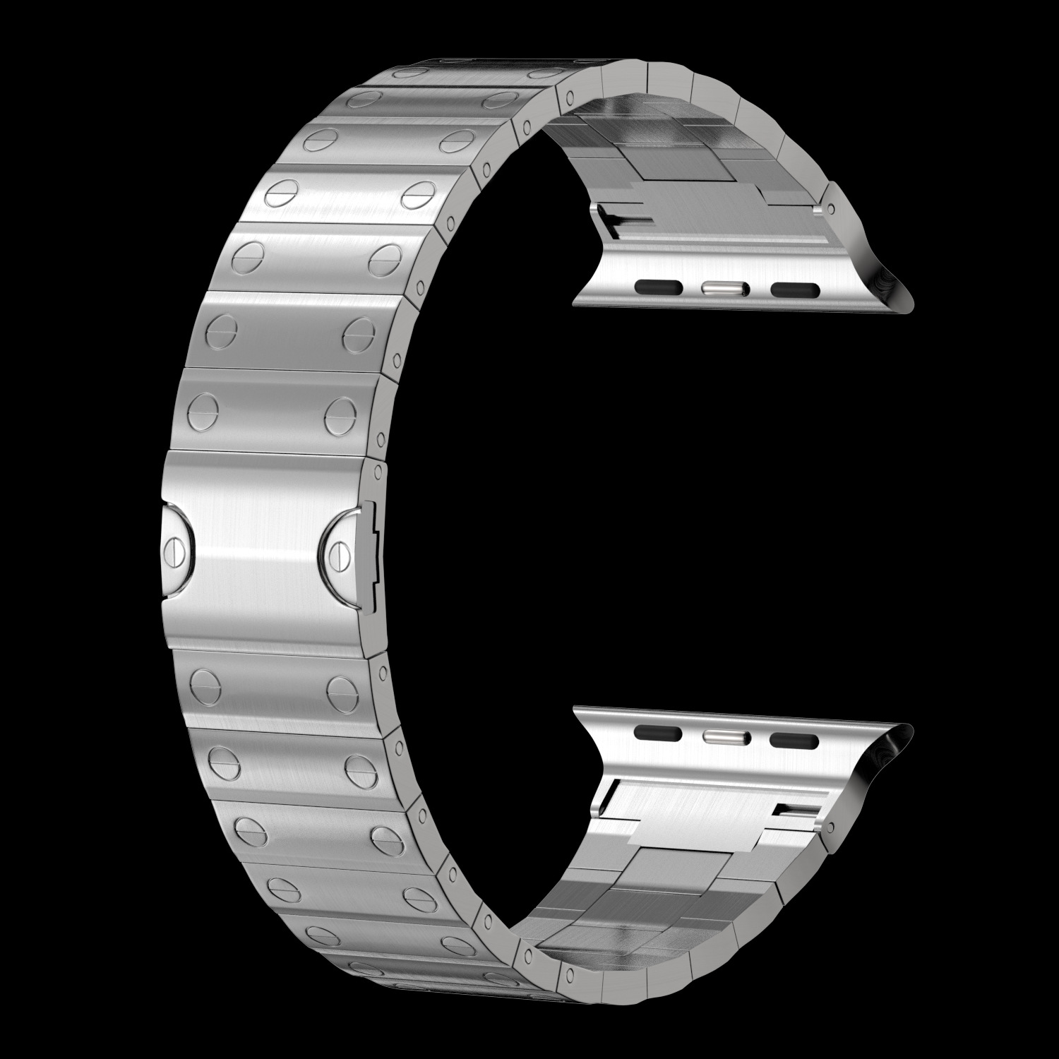 Flat-link steel smartwatch band showing connector adapters