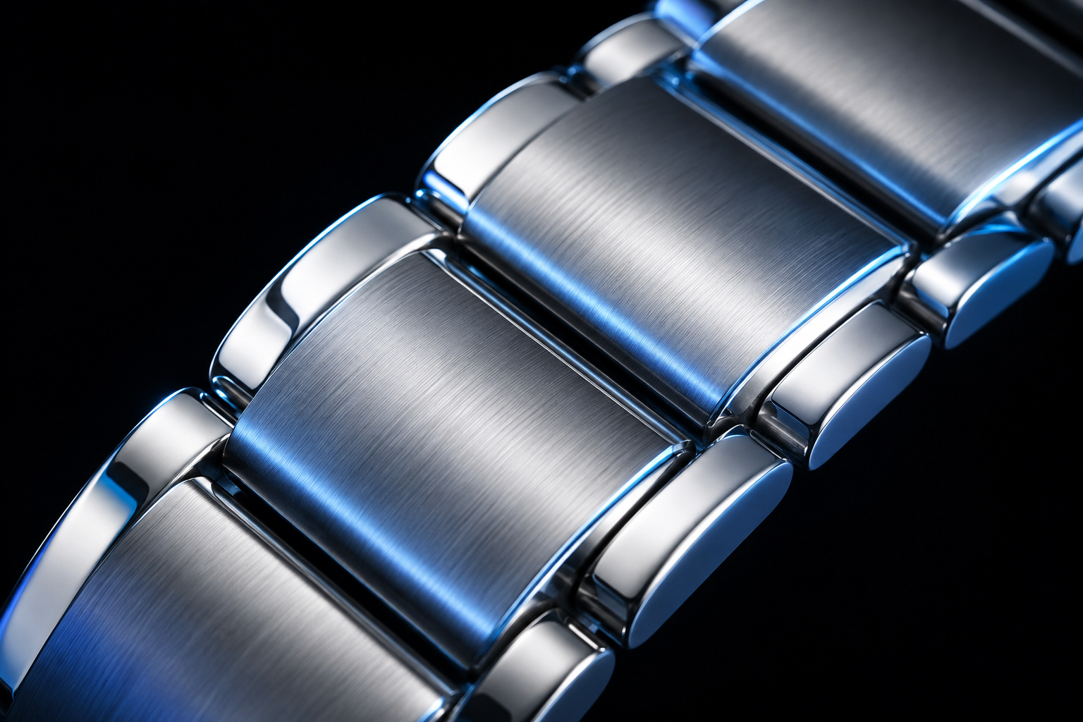 AI concept macro illustration of brushed stainless steel bracelet links and polished edges; not a factory sample